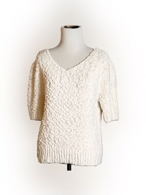 Vintage 80's Evian Knobby Sweater V-Neck Women Short Sleeved Sweater